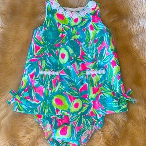 Lilly Pulitzer Infant Shift Dress & Bloomers in Multi Guac and Roll, Sz 18-24M